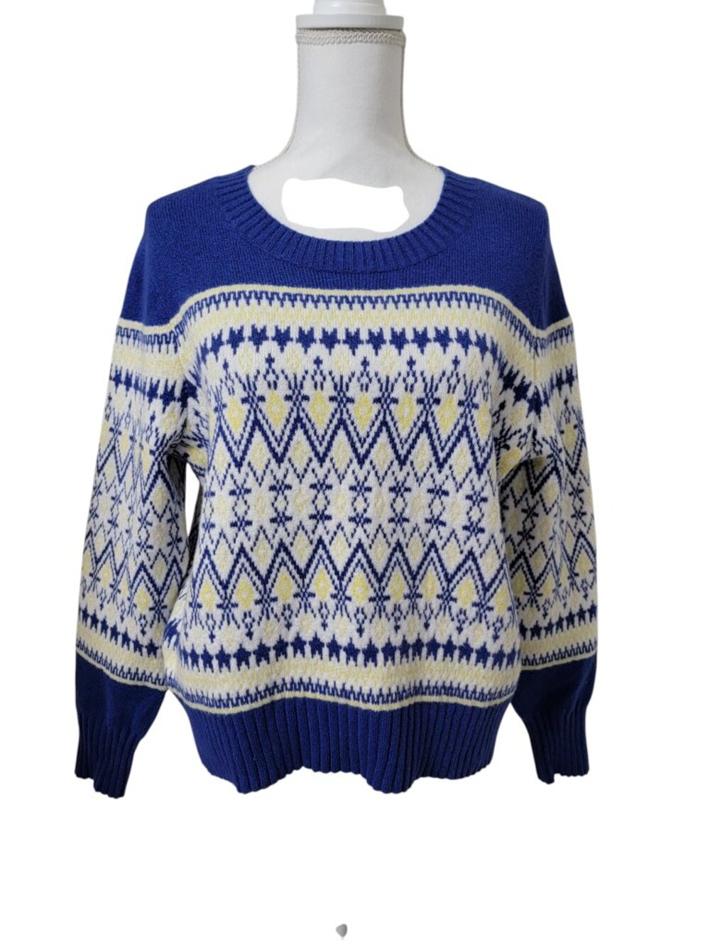 LOFT Size L Blue, White and Yellow Geo Fair Isle Crewneck Sweater
